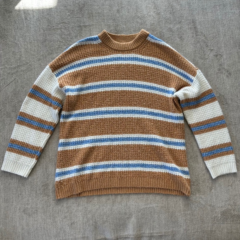 American Eagle Striped Waffle Knit Sweater Brown Blue White Crew‎ Neck Small